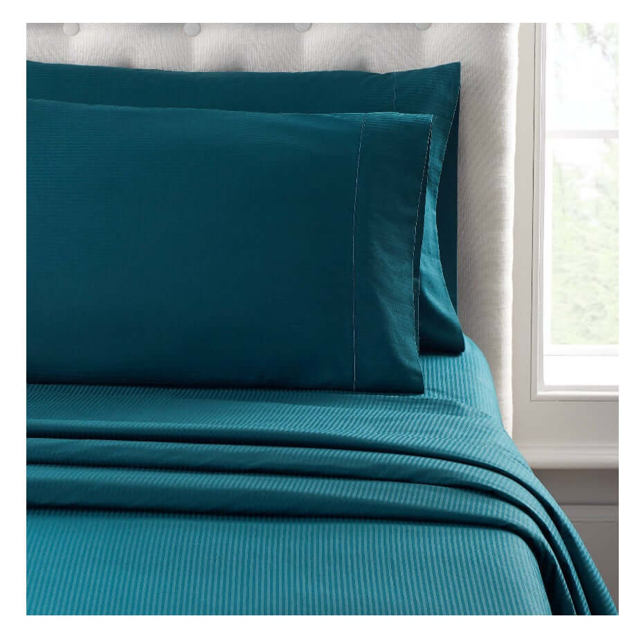 600 Thread Count 100% Luxury Cotton Pillowcases,Striped Teal Rain Green, 1-Pair - The Bargin Chic Retail Store