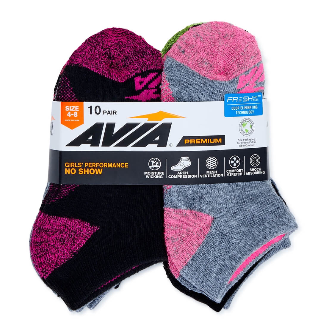 Avia Girls' No Show Socks – Cushioned, Breathable Cotton, Multi-Pack, Assorted Colors