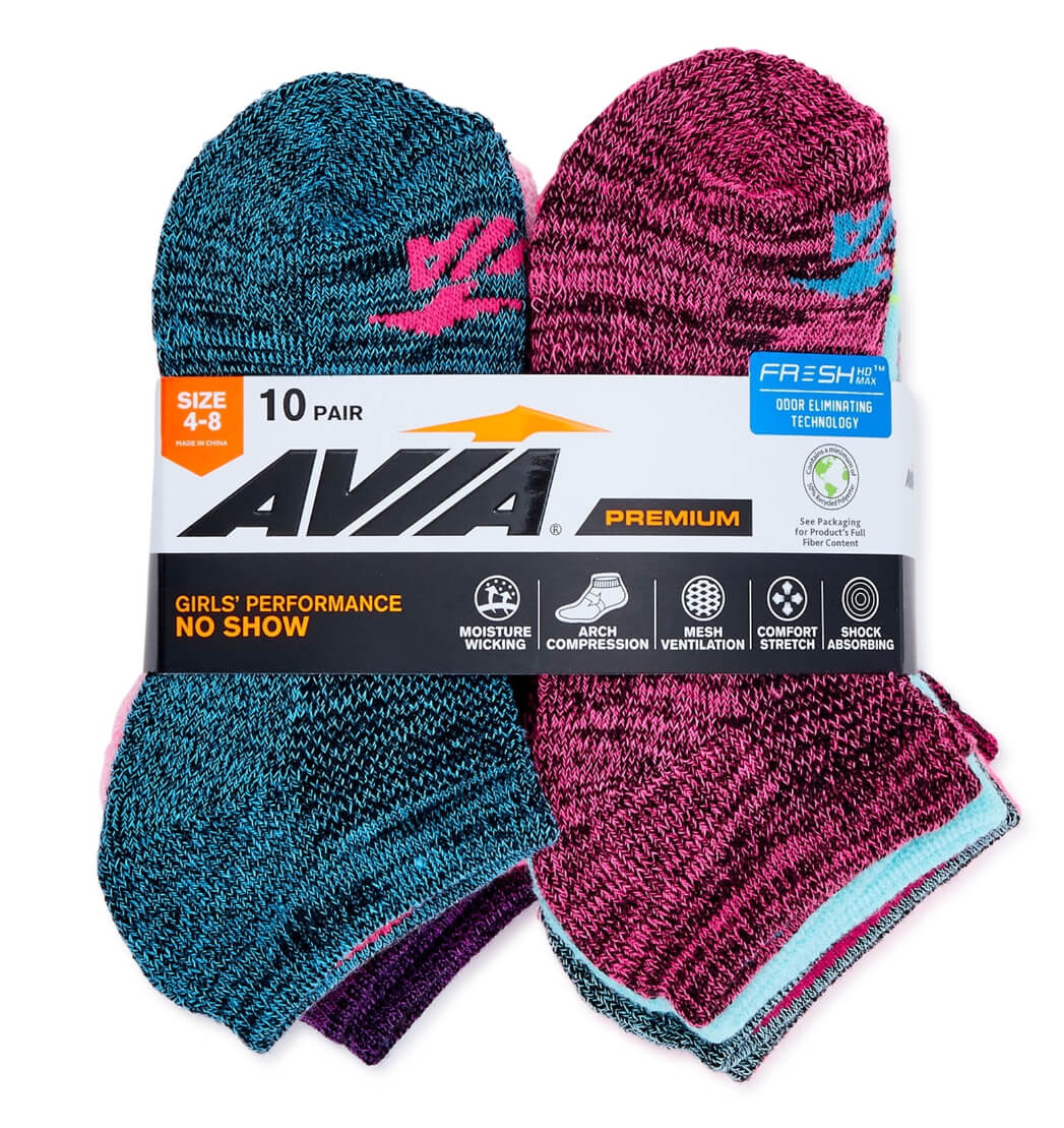 Avia Girls' No Show Socks – Cushioned, Breathable Cotton, Multi-Pack, Assorted Colors