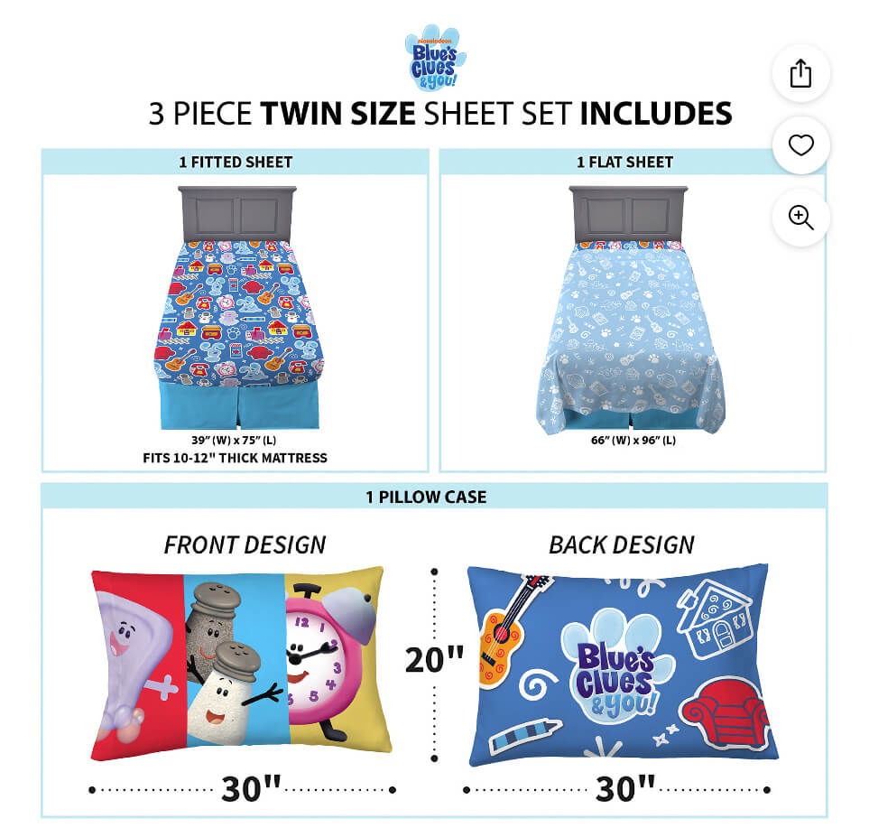 Blue's Clues & You Kids Twin Sheet Set, Blue, Nickelodeon - The Bargin Chic Retail Store