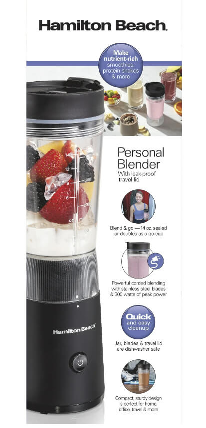 Hamilton Beach Personal Blender for Smoothies with Travel Lid, 14 oz, Black