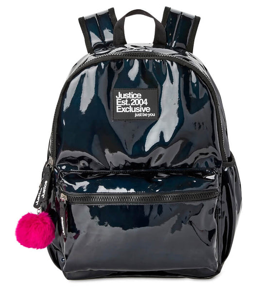 Justice Girls 17" Laptop Backpack with Pom Pom Dangle, Black - The Bargin Chic Retail Store