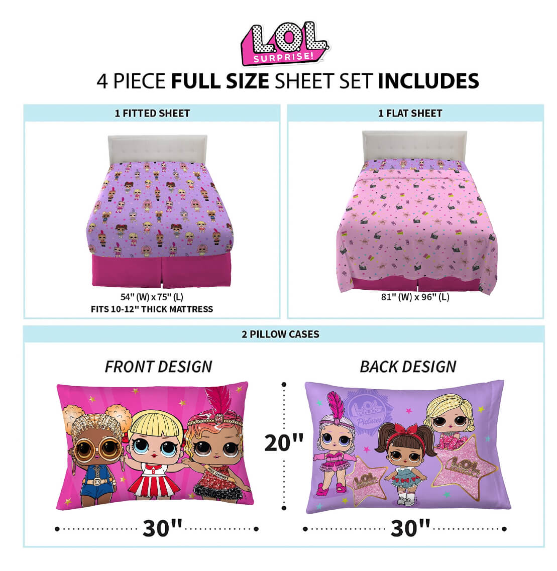 LOL Surprise Kids Full Sheet Set, Pink and Purple - The Bargin Chic Retail Store