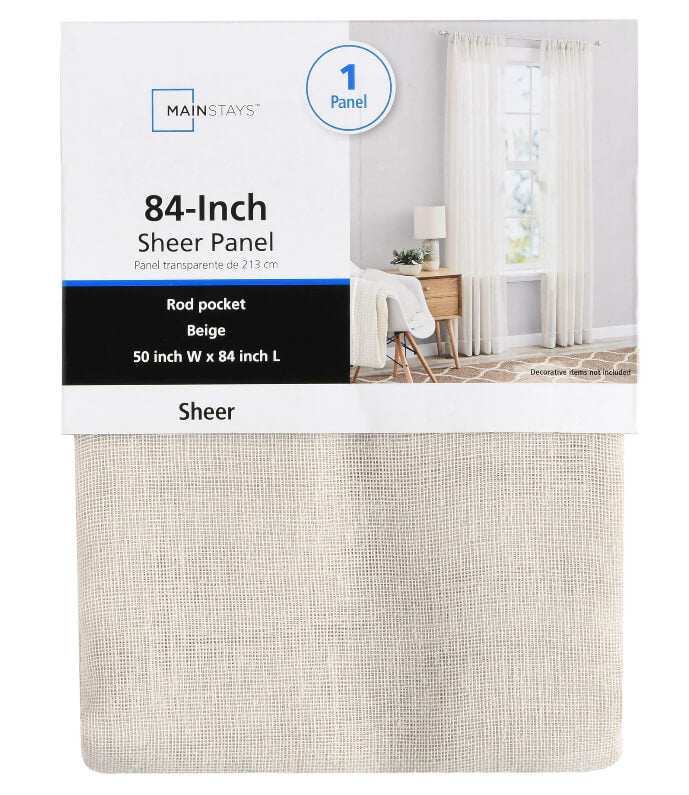Mainstays Sheer Curtain Panel – 50" x 84" Rod Pocket Window Treatment- Beige