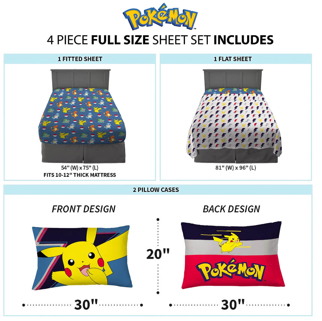 Pokemon Kids Full Sheet Set, Blue, White and Yellow - The Bargin Chic Retail Store