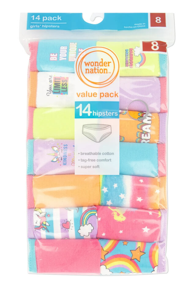Wonder Nation Girls' 14-Pack Hipster Underwear – Tag-Free, Soft Cotton, Assorted Colors & Prints