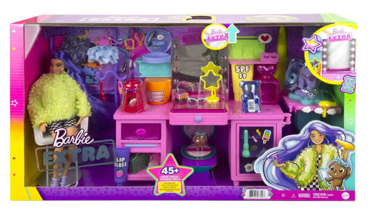 Barbie Extra Vanity Playset – 45+ Pieces with Exclusive Doll, Pet Puppy & Light-Up Mirror