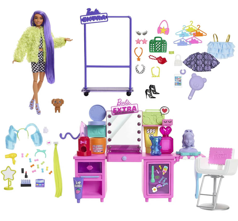 Barbie Extra Vanity Playset – 45+ Pieces with Exclusive Doll, Pet Puppy & Light-Up Mirror