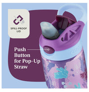 Contigo Kids Plastic Water Bottle with Straw Lid Purple Bunnicorns and Flying Turtles, 14 fl oz.