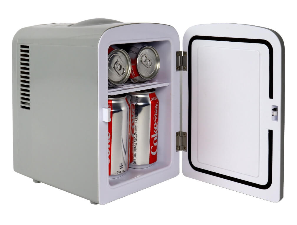 Diet Coke 4L Mini Fridge w/ 12V DC and 110V AC Cords, 6 Can Portable Cooler, Personal Travel Refrigerator, Gray