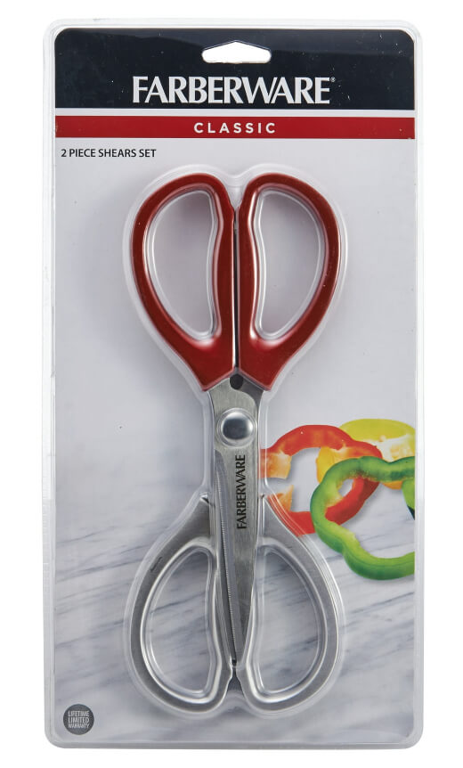 Farberware Classic 2 Piece Stainless Steel Kitchen Shear Scissor Set with Metallic Stainless Steel and Red Handles