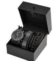 Folio Men's Gunmetal Round Analog Watch with Black Faux Leather and Silicone Watch Band and Layered Bracelets Gift Set