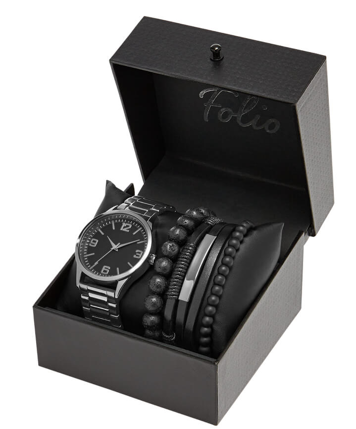 Folio Men's Gunmetal Tone Round Analog Bracelet Watch and Layered Bracelet Gift Set