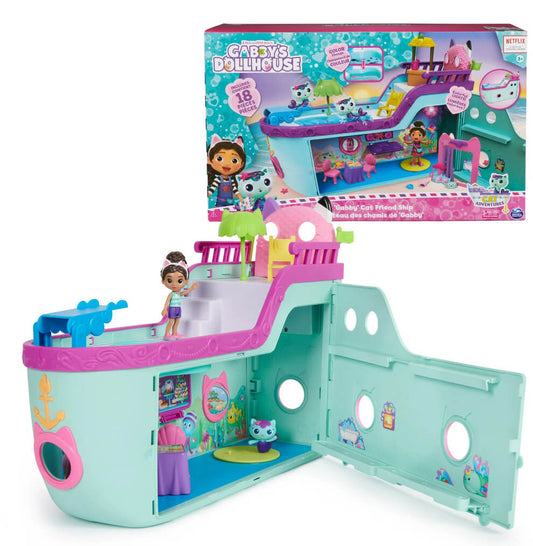 Gabby’s Dollhouse Toy Cruise Ship Playset – 18-Piece Pretend Play Set with Gabby & MerCat
