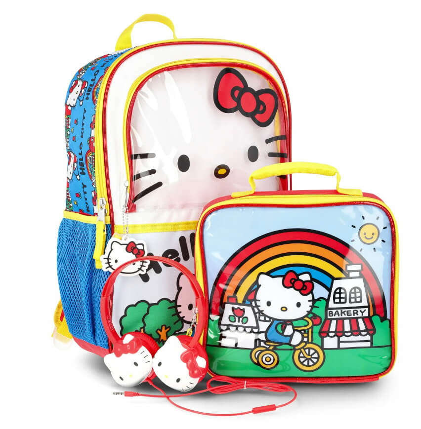 Hello Kitty 3-Piece Backpack Set for Kids – Includes Backpack, Lunch Box & Headphones, Durable Polyester