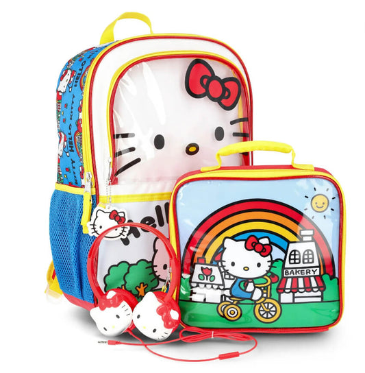 Hello Kitty 3-Piece Backpack Set for Kids – Includes Backpack, Lunch Box & Headphones, Durable Polyester