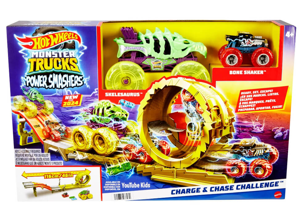 Hot Wheels Power Smashers Skelesaurus vs. Bone Shaker Playset – Monster Truck Racing Action with 2 Vehicles & Crushed Cars