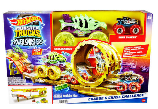 Hot Wheels Power Smashers Skelesaurus vs. Bone Shaker Playset – Monster Truck Racing Action with 2 Vehicles & Crushed Cars