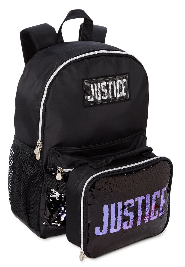 Justice Girls 17" Laptop Backpack 2-Piece Lunch Tote Set Black Sequin