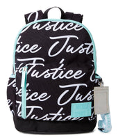 Justice Girls 17" Laptop Backpack 2-Piece Ripstop Lanyard Set Black Blue All Over Print