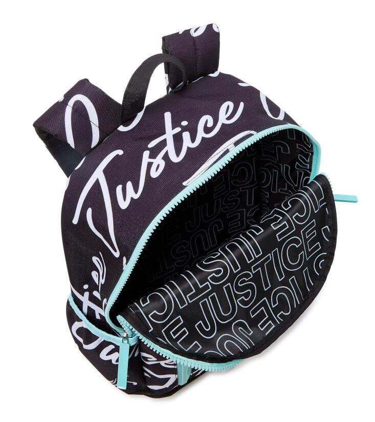 Justice Girls 17" Laptop Backpack 2-Piece Ripstop Lanyard Set Black Blue All Over Print