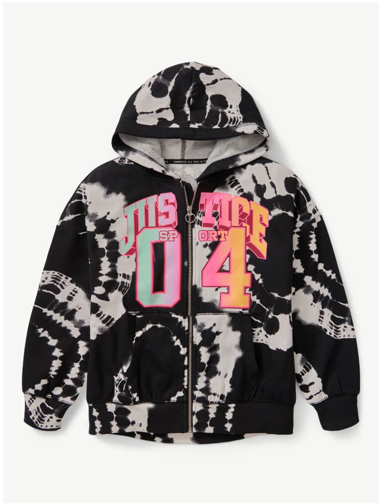 Justice Girls' Zip-Up Hoodie – Tie-Dye Fleece, Full Zip, Kangaroo Pockets, Machine Washable