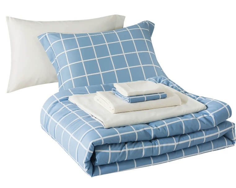 King Size Reversible Bed in a Bag Comforter Set – Blue Grid Print, Ultra-Soft Microfiber, Machine Washable