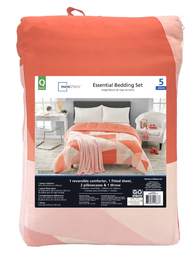 Mainstays Coral Geometric 5-Piece Bed in a Bag Comforter Set with Plush Throw – Reversible, Soft Microfiber, Machine Washable