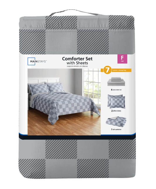 Mainstays Grey Check Bed-in-a-Bag Comforter Set – Reversible Plaid Design, Soft Polyester, Machine Washable