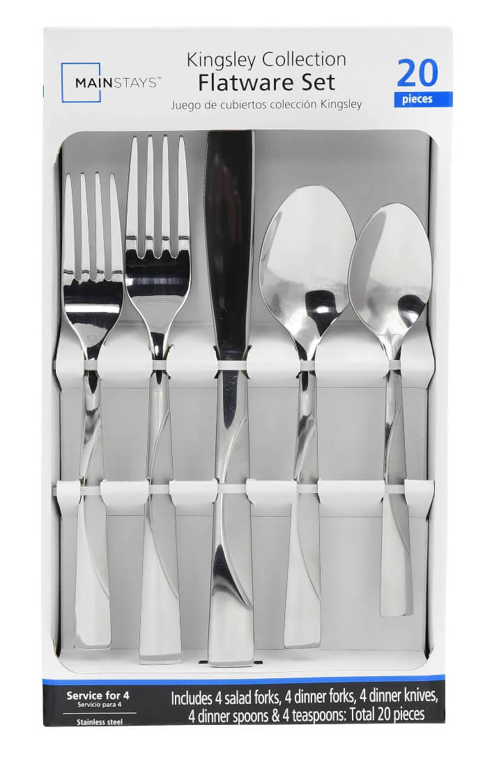 Mainstays Kingsley 20-Piece Flatware Set – Polished & Matte Two-Tone Stainless Steel for Everyday Dining