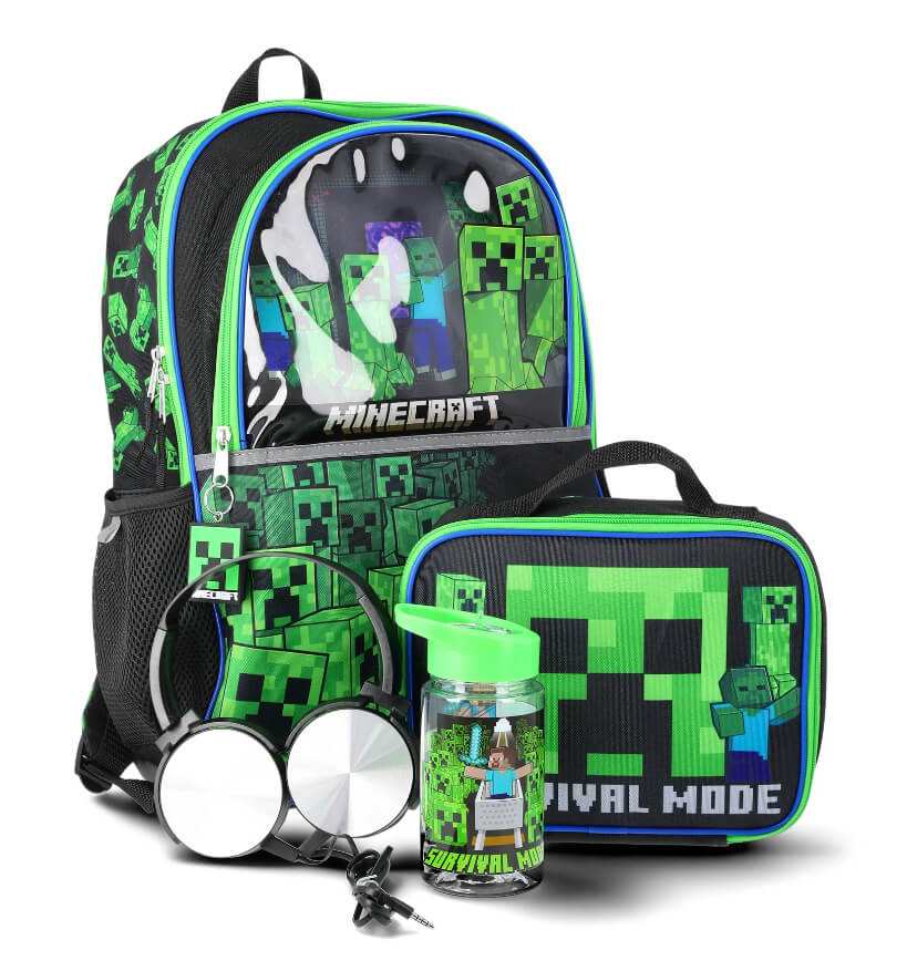 Minecraft 5-Piece Kids Backpack Set – Includes Backpack, Lunchbox, Water Bottle, Headphones & Keychain