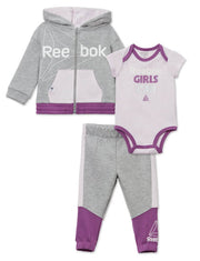 Reebok Baby Girl's Hoodie, Jogger and Bodysuit Outfit Set, 3 Piece, Sizes 0/3-24 Months