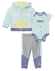 Reebok Baby Girl's Hoodie, Jogger and Bodysuit Outfit Set, 3 Piece, Sizes 0/3-24 Months