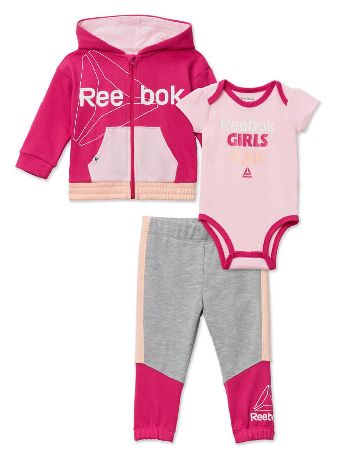 Reebok Baby Girl's Hoodie, Jogger and Bodysuit Outfit Set, 3 Piece, Sizes 0/3-24 Months