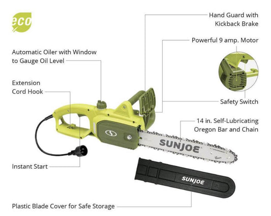 Sun Joe SWJ599E Tree Limb Master Electric Handheld Chainsaw , 14-Inch - 9-Amp , Low-Kickback