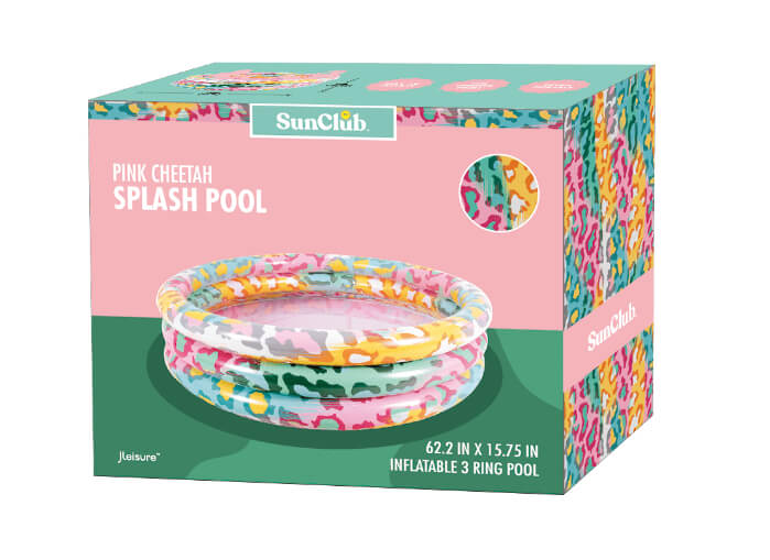 Sunclub 62” Pink Soft-Sided Round 3-Ring Cheetah Print Inflatable Kiddie Pool