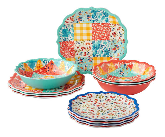 The Pioneer Woman Patchwork Medley 12-Piece Melamine Dinnerware Set