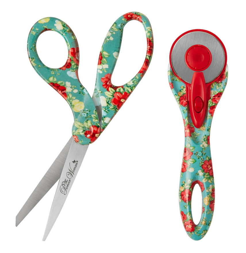 The Pioneer Woman Teal Vintage Floral 45mm Rotary & 8" Fashion Scissors Set