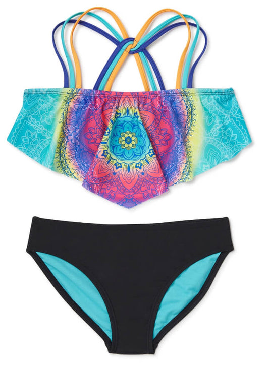 Wonder Nation Girls Halter Mandala Printed Bikini Swimsuit with UPF 50+, 2 Piece