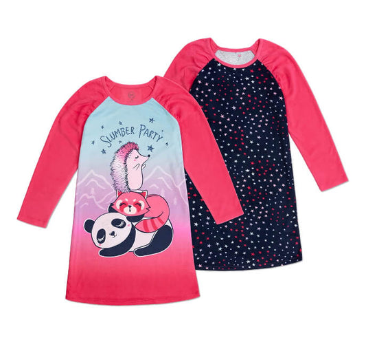 Wonder Nation Girls Super Soft Fleece Long Sleeve Nightgown, 2-Pack, Furry Friends