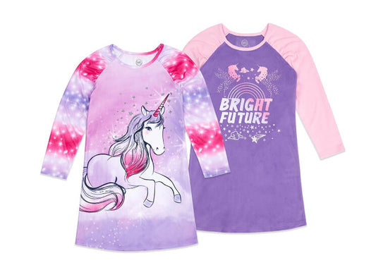 Wonder Nation Girls Super Soft Fleece Long Sleeve Nightgown, 2 Pack, Unicorn