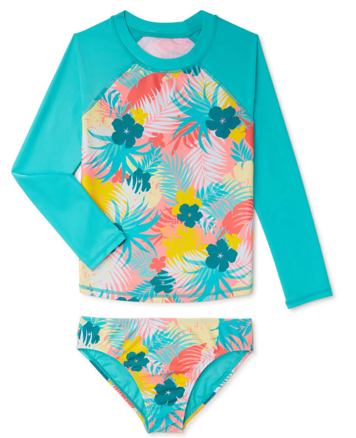 Wonder Nation Girls Tropical Floral Long Sleeve Rashguard Swim Set with UPF 50+ Sun Protection, 2 Piece