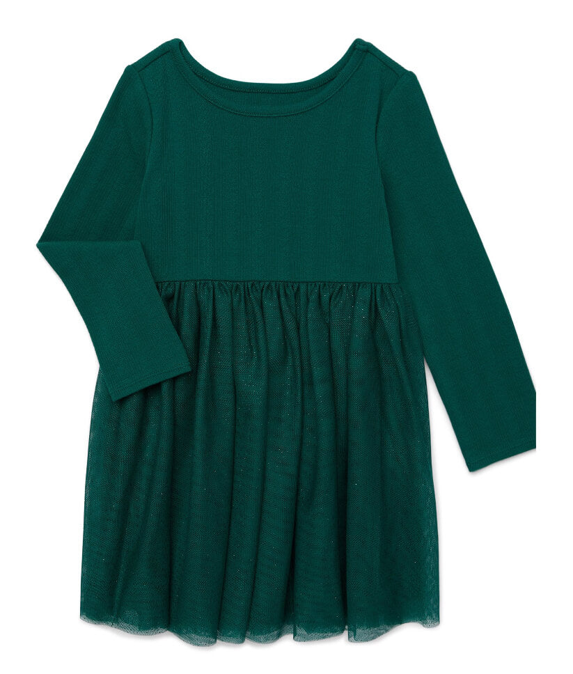 Wonder Nation Toddler Girl Long Sleeve Tutu Dress – Sparkle Tulle Skirt & Soft Pointelle Bodice