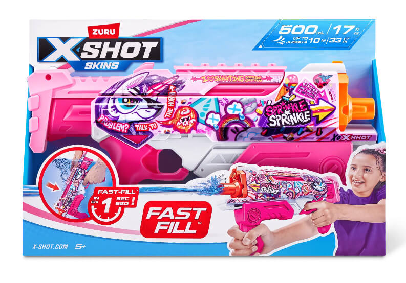 XSHOT Fast-Fill Skins Hyperload Unicorn Splash Water Blaster – 500ml Capacity, 33-Foot Range, Pink Party Design